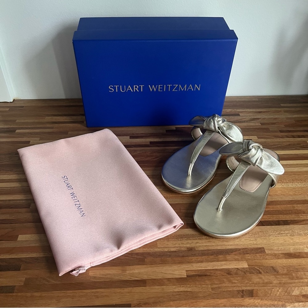 Nwt Stuart Weitzman Bandeau Tstrap Slide Flat Sandals Gold Leather